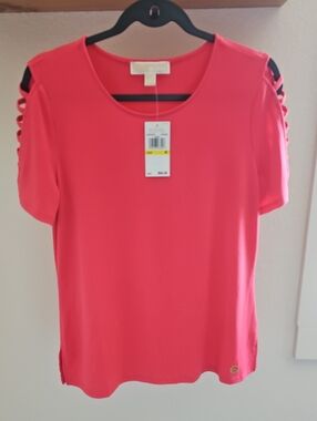 Michael Kors Coral Pink Short Sleeve Ladder-Shoulder Top